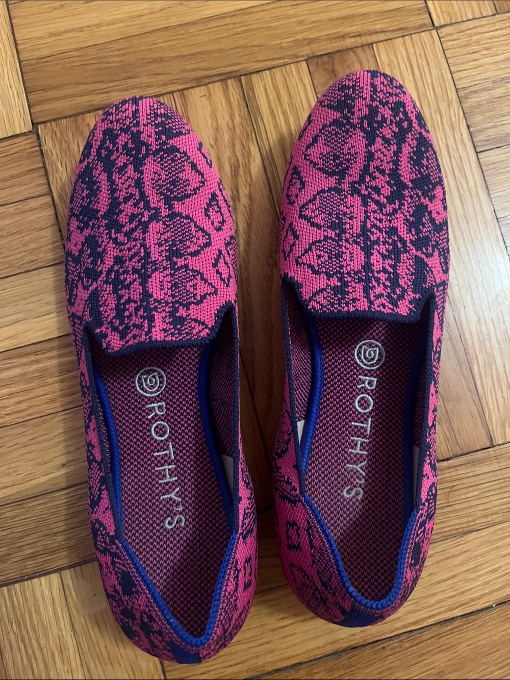Rothy's Pink and Navy Snake-Print Slip-On Flats